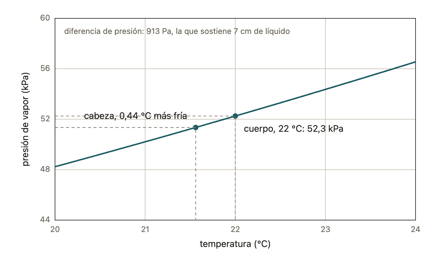 Presión de vapor del cloruro de metileno entre 20 y 24 °C. Una cabeza 0,44 °C más fría que el cuerpo tiene 913 Pa menos de presión de vapor: lo justo para sostener 7 cm de líquido.