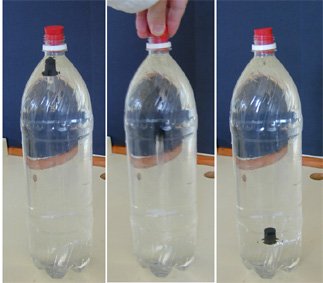 Buzo hecho con el cuentagotas de un colirio, en una botella de plástico: flota y, al apretar la botella, se hunde.