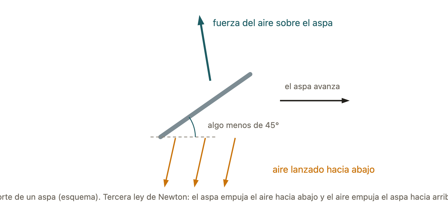Corte de un aspa inclinada que avanza: desvía el aire hacia abajo y el aire la empuja hacia arriba.