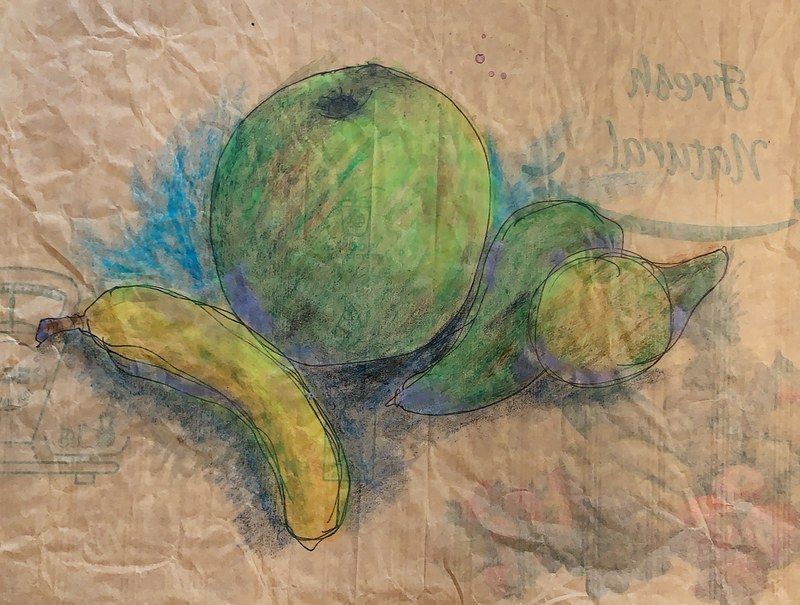 Bodegón con plátano y manzana