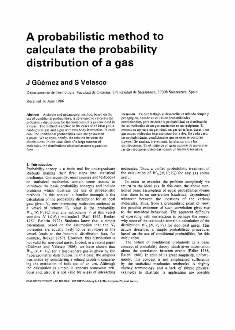 Primera página del artículo «A probabilistic method to calculate the probability distribution of a gas»