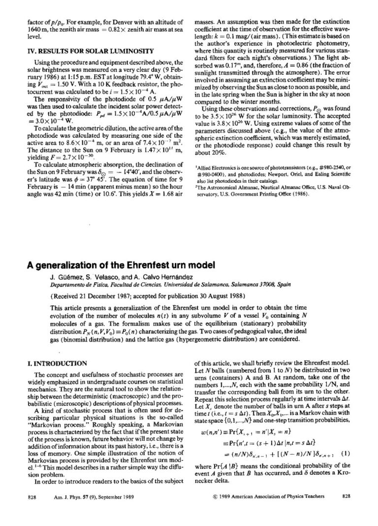 Primera página del artículo «A generalization of the Ehrenfest urn model»