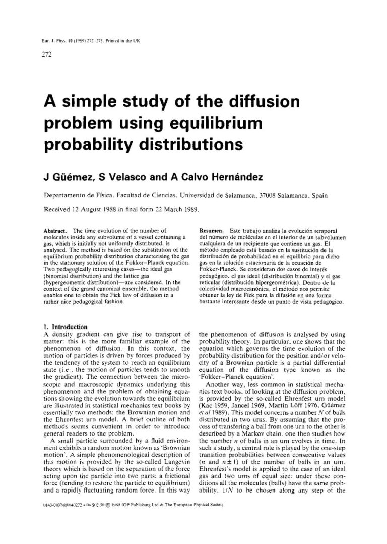 Primera página del artículo «A simple study of the diffusion problem using equilibrium probability distributions»