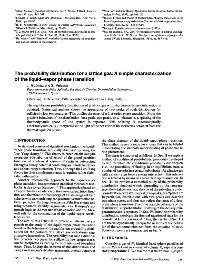 Primera página del artículo «The probability distribution for a lattice gas: A simple characterization of the liquid–vapor phase transition»