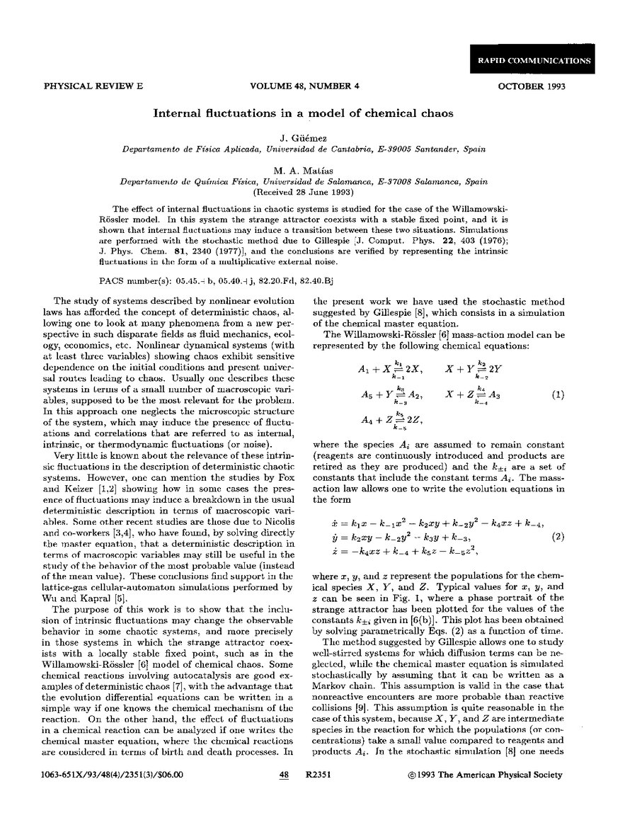 Primera página del artículo «Internal fluctuations in a model of chemical chaos»