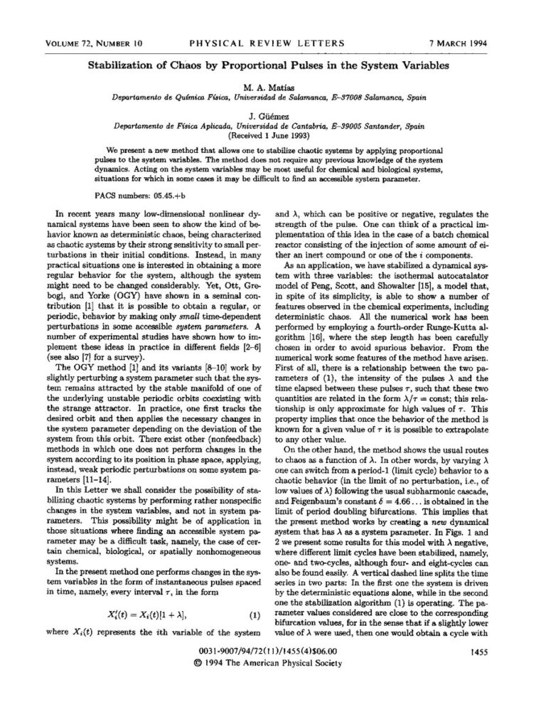 Primera página del artículo «Stabilization of chaos by proportional pulses in the system variables»