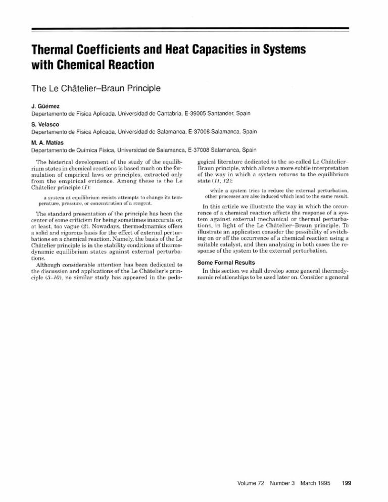 Primera página del artículo «Thermal Coefficients and Heat Capacities in Systems with Chemical Reaction: The Le Châtelier–Braun Principle»