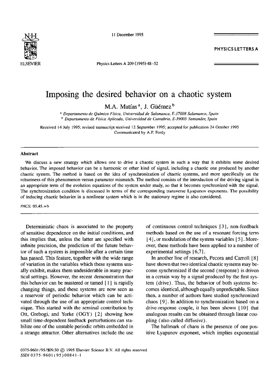 Primera página del artículo «Imposing the desired behavior on a chaotic system»