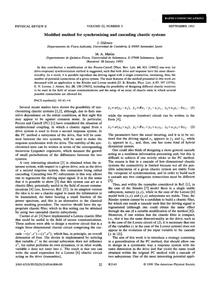 Primera página del artículo «Modified method for synchronizing and cascading chaotic systems»