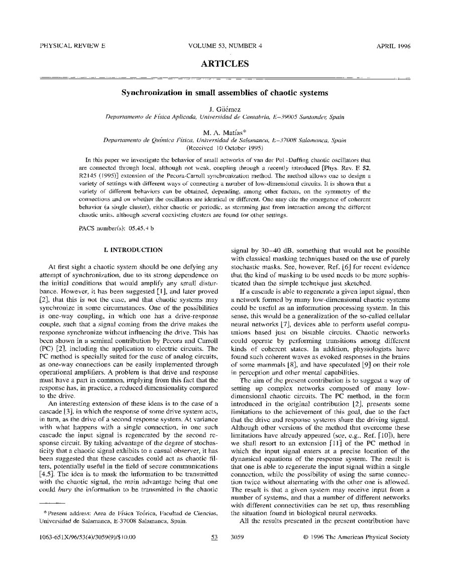 Primera página del artículo «Synchronization in small assemblies of chaotic systems»