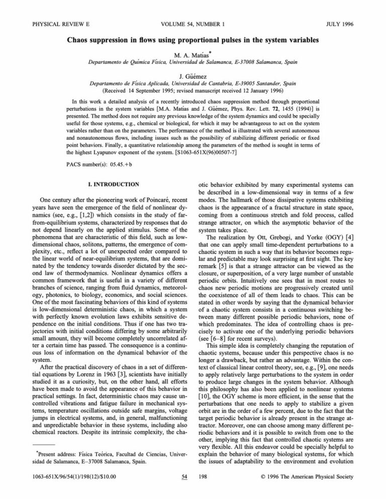 Primera página del artículo «Chaos suppression in flows using proportional pulses in the system variables»