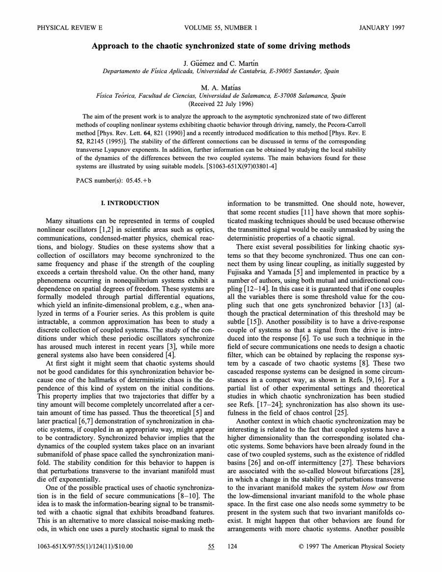 Primera página del artículo «Approach to the chaotic synchronized state of some driving methods»