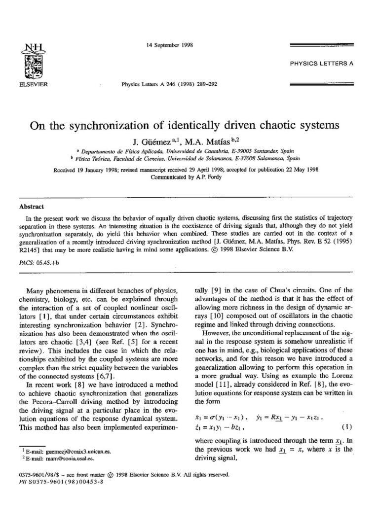Primera página del artículo «On the synchronization of identically driven chaotic systems»