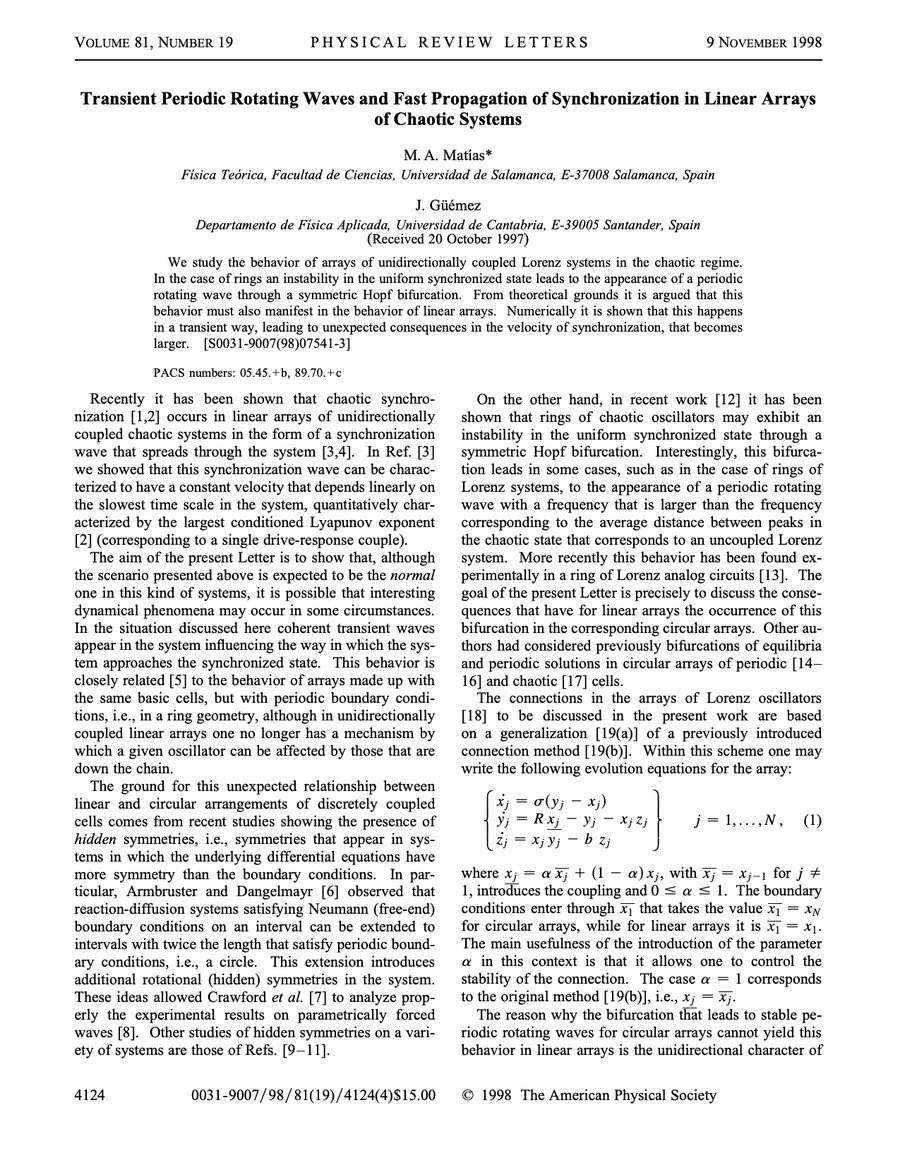 Primera página del artículo «Transient Periodic Rotating Waves and Fast Propagation of Synchronization in Linear Arrays of Chaotic Systems»
