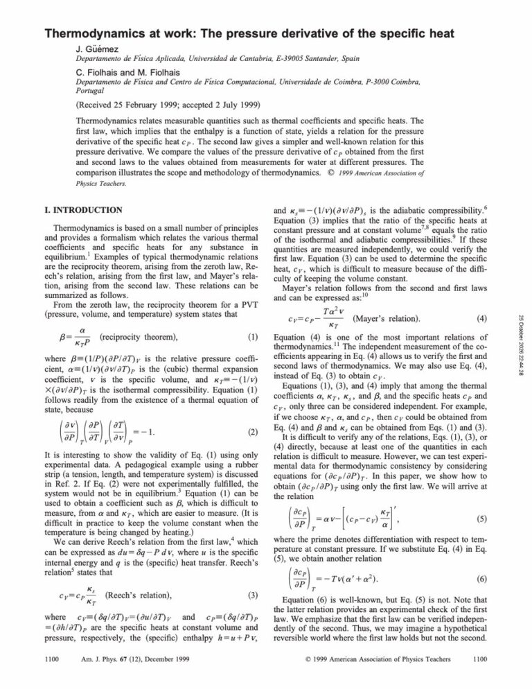 Primera página del artículo «Thermodynamics at work: The pressure derivative of the specific heat»