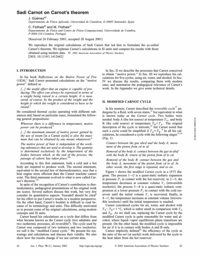 Primera página del artículo «Sadi Carnot on Carnot’s theorem»