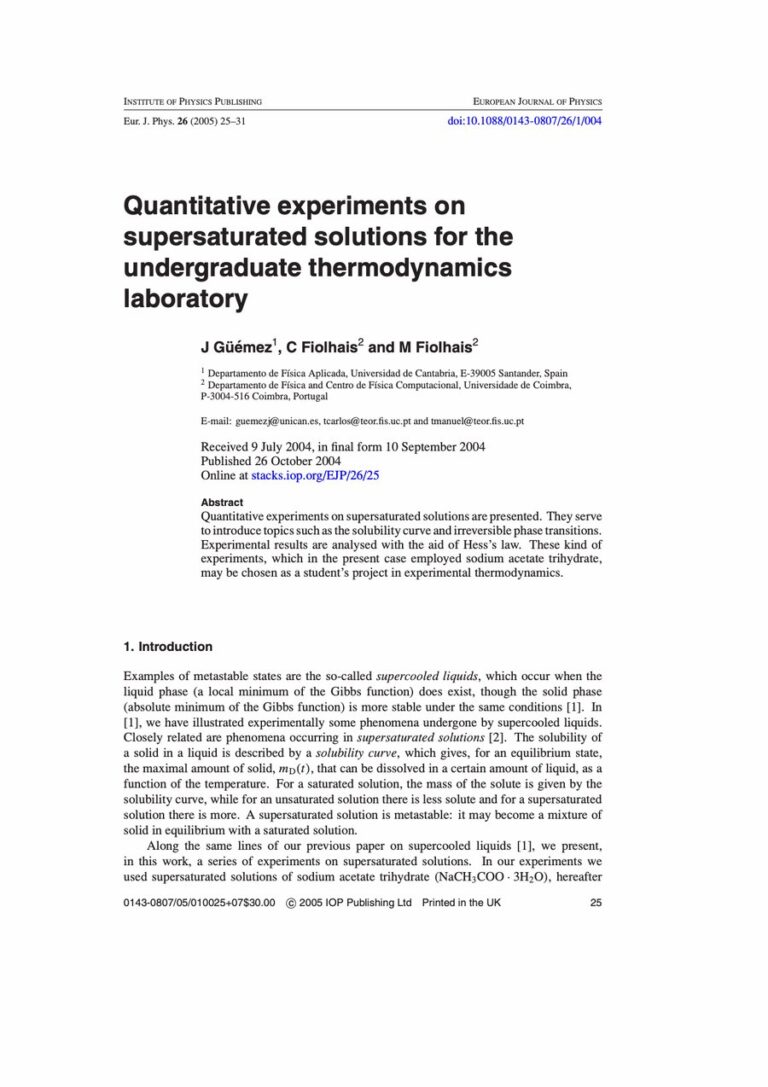 Primera página del artículo «Quantitative experiments on supersaturated solutions for the undergraduate thermodynamics laboratory»