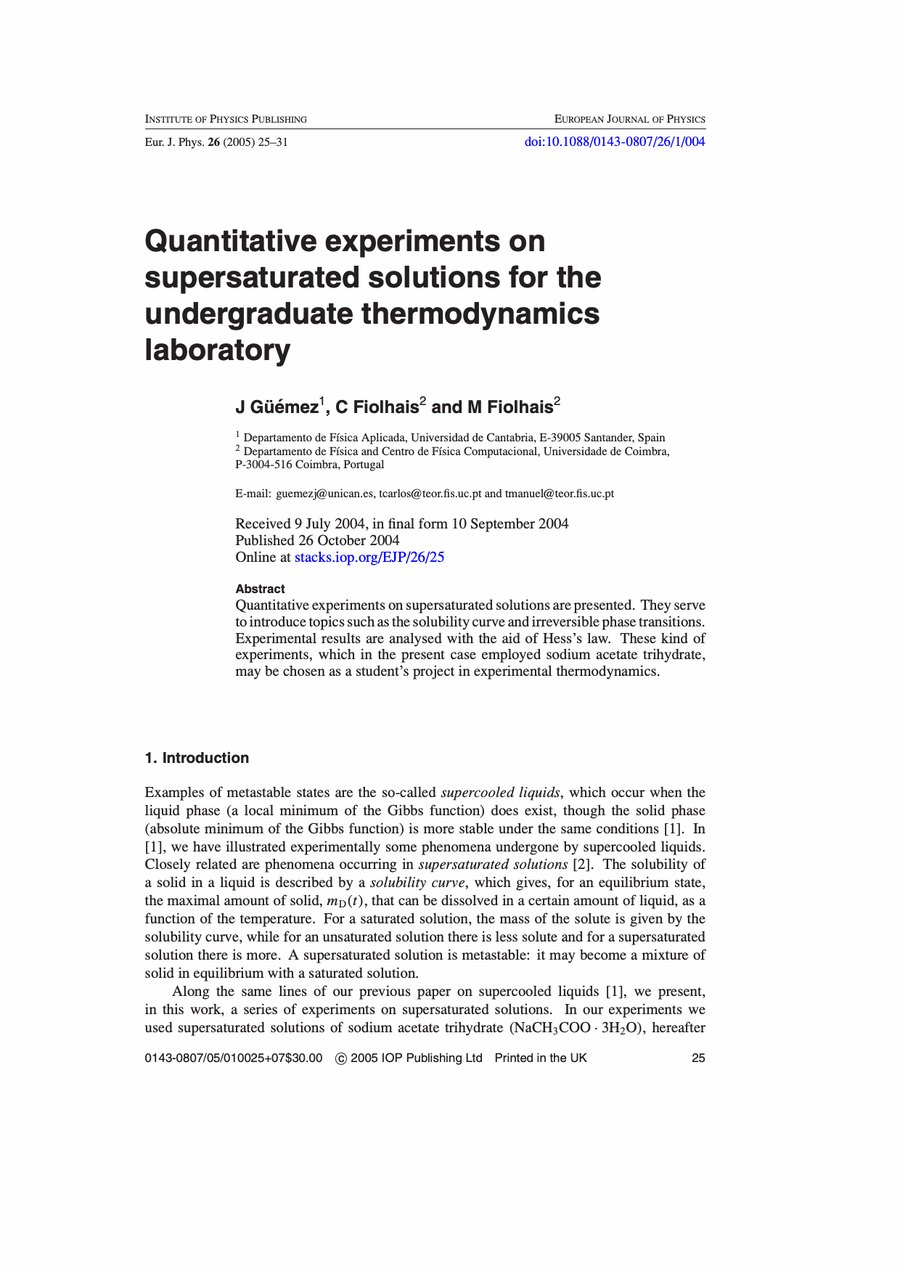 Primera página del artículo «Quantitative experiments on supersaturated solutions for the undergraduate thermodynamics laboratory»