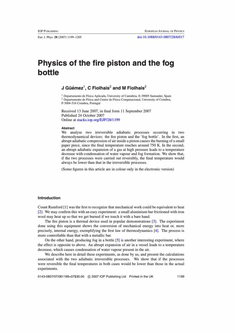 Primera página del artículo «Physics of the fire piston and the fog bottle»