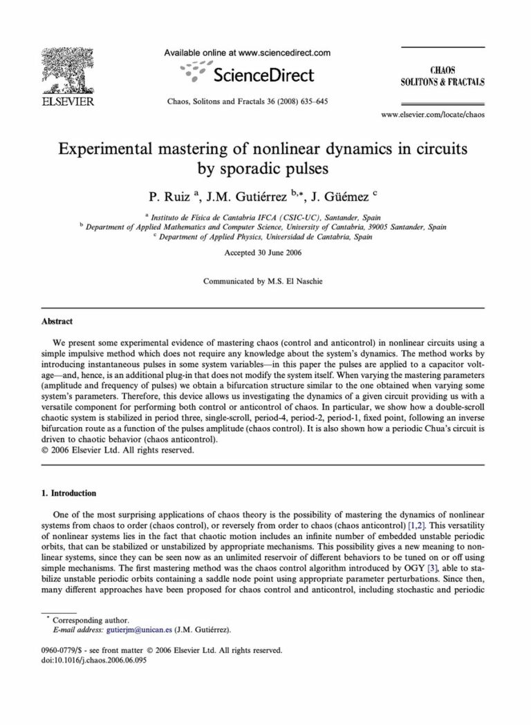 Primera página del artículo «Experimental mastering of nonlinear dynamics in circuits by sporadic pulses»