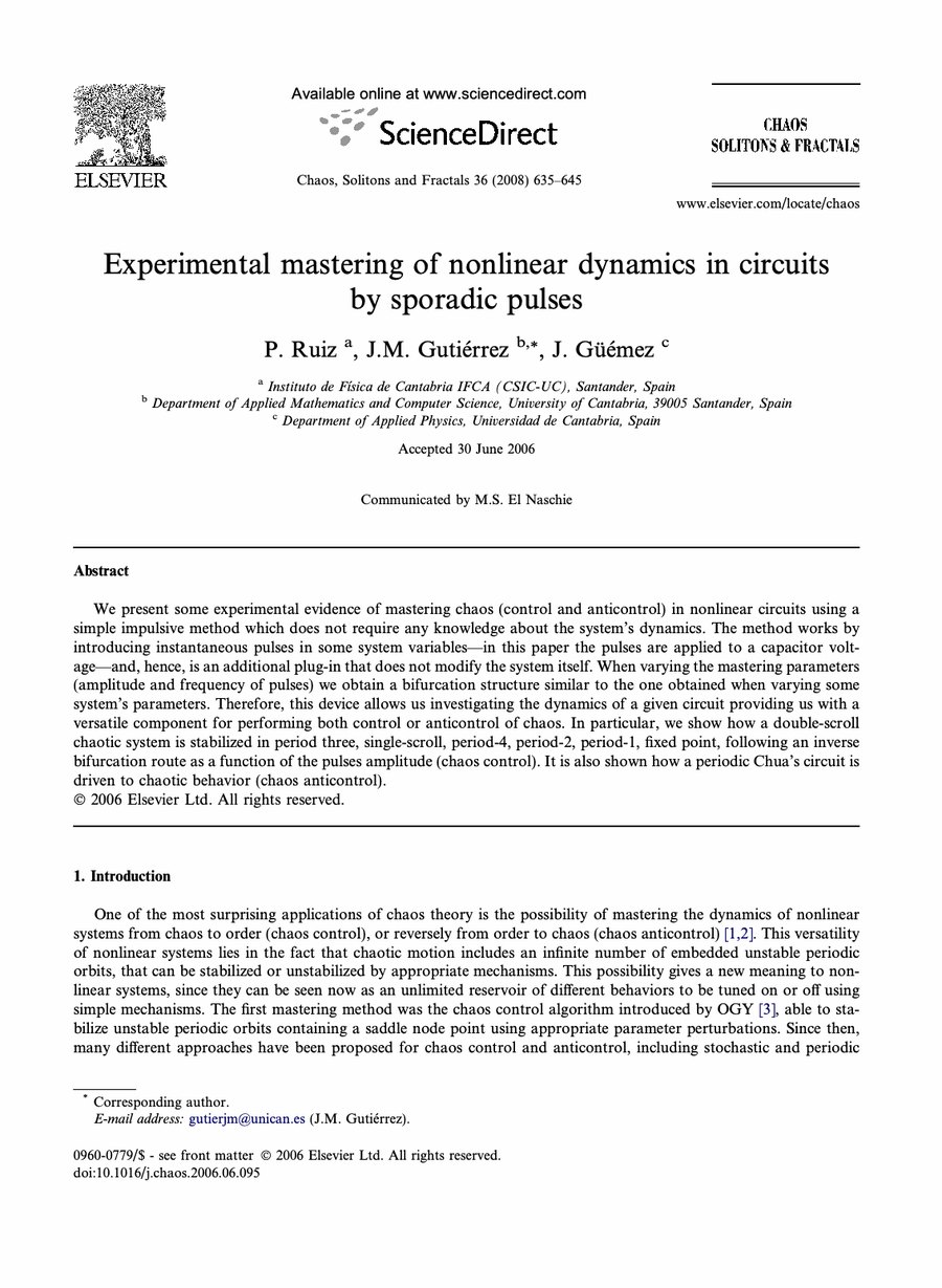 Primera página del artículo «Experimental mastering of nonlinear dynamics in circuits by sporadic pulses»