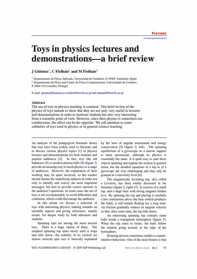 Primera página del artículo «Toys in physics lectures and demonstrations—a brief review»