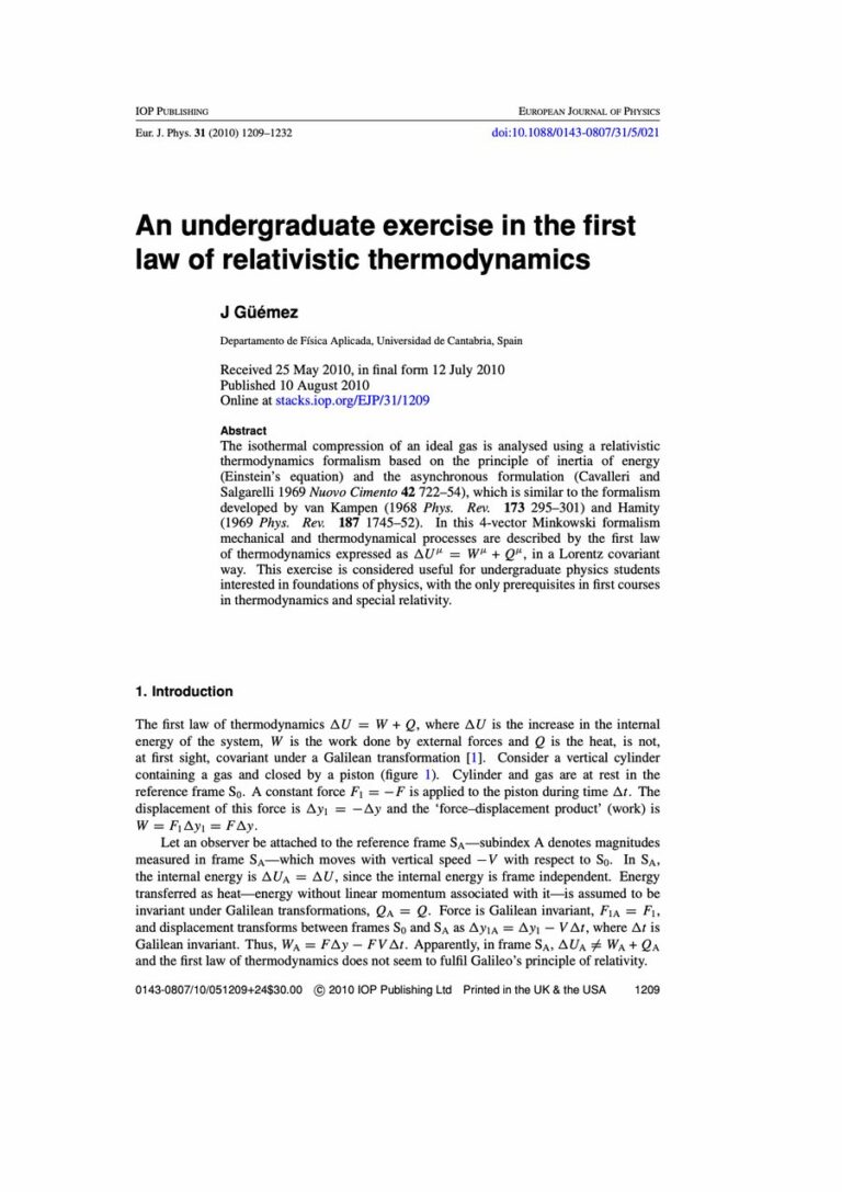 Primera página del artículo «An undergraduate exercise in the first law of relativistic thermodynamics»