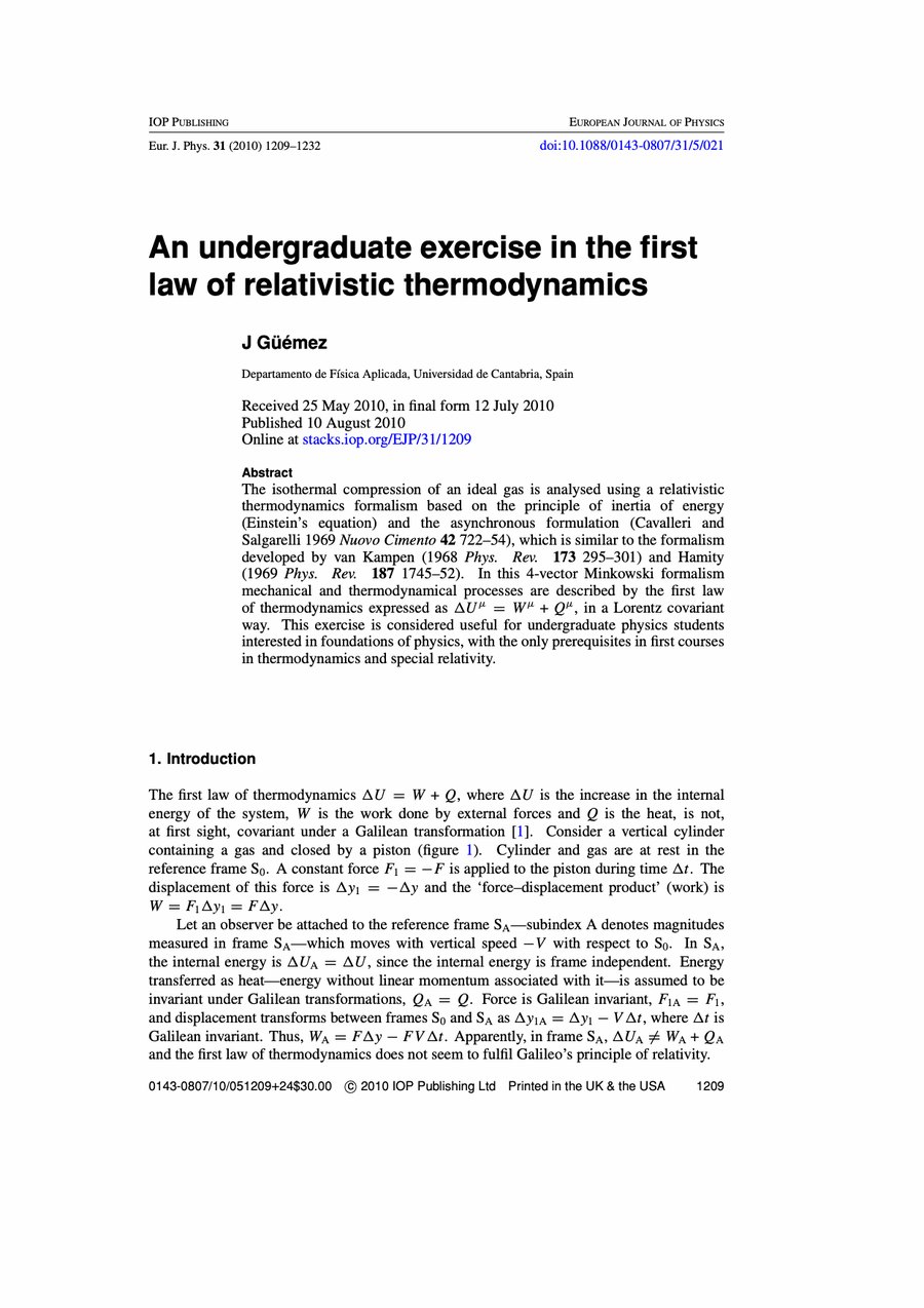 Primera página del artículo «An undergraduate exercise in the first law of relativistic thermodynamics»