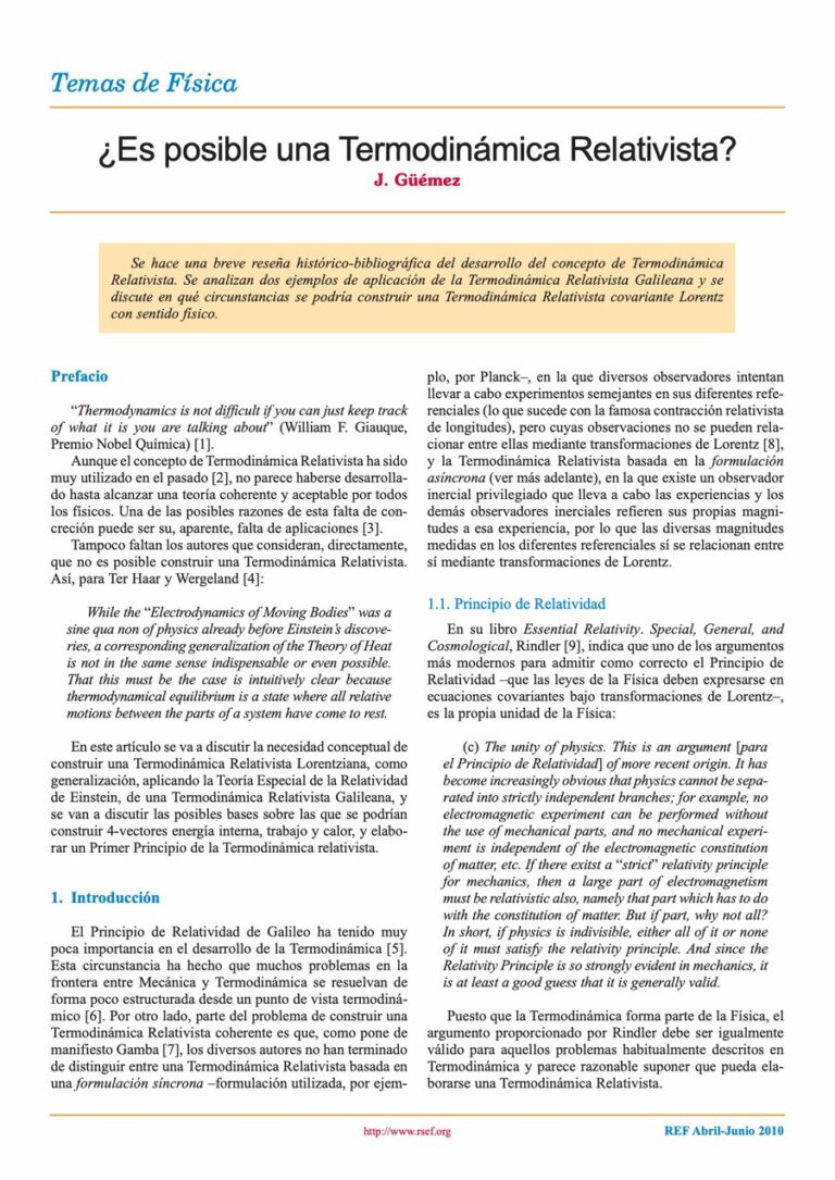 Primera página del artículo «¿Es posible una Termodinámica Relativista?»