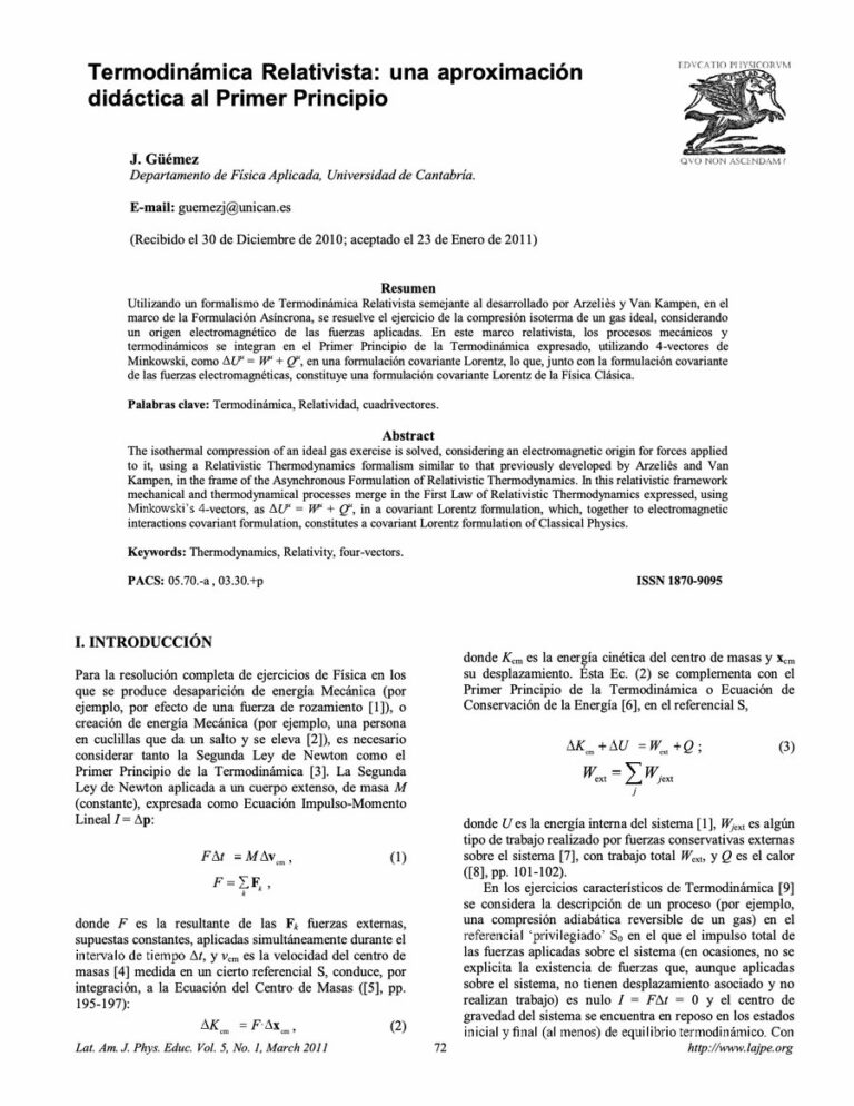 Primera página del artículo «Termodinámica Relativista: una aproximación didáctica al Primer Principio»