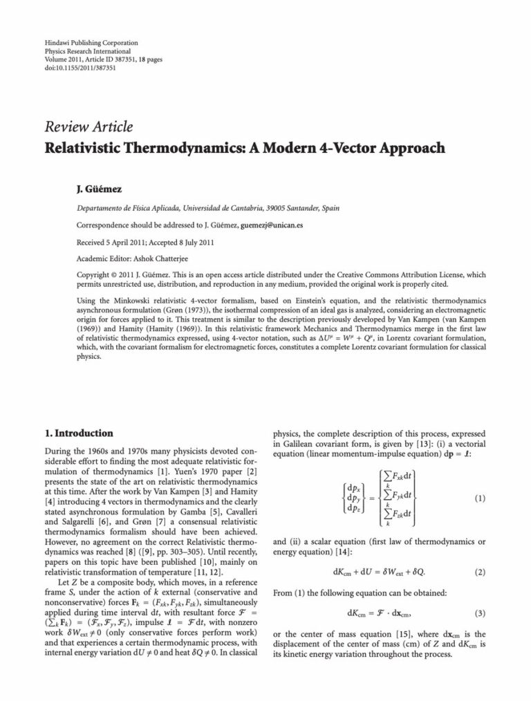 Primera página del artículo «Relativistic Thermodynamics: A Modern 4-Vector Approach»