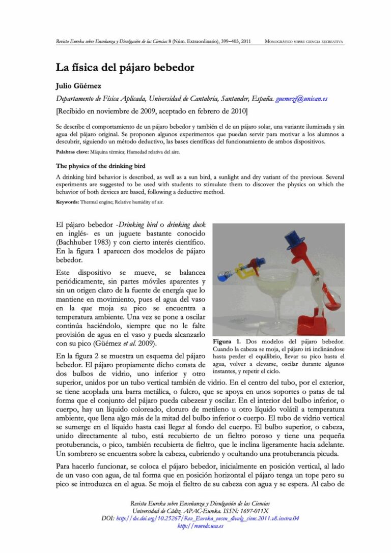 Primera página del artículo «La física del pájaro bebedor»