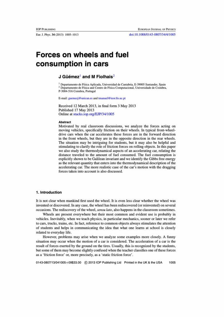 Primera página del artículo «Forces on wheels and fuel consumption in cars»