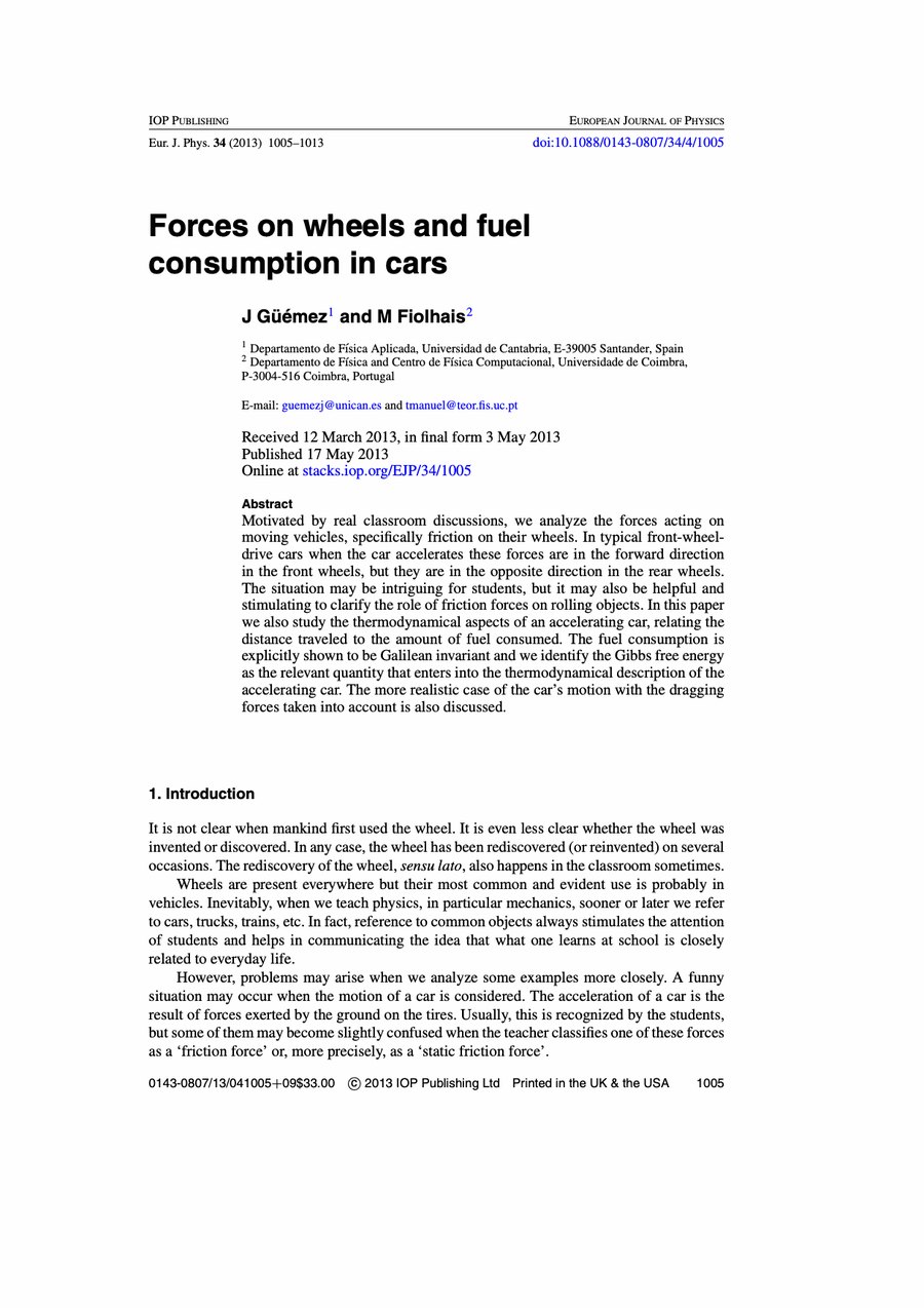 Primera página del artículo «Forces on wheels and fuel consumption in cars»