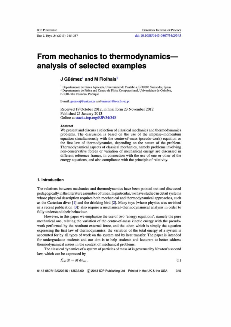 Primera página del artículo «From mechanics to thermodynamics—analysis of selected examples»