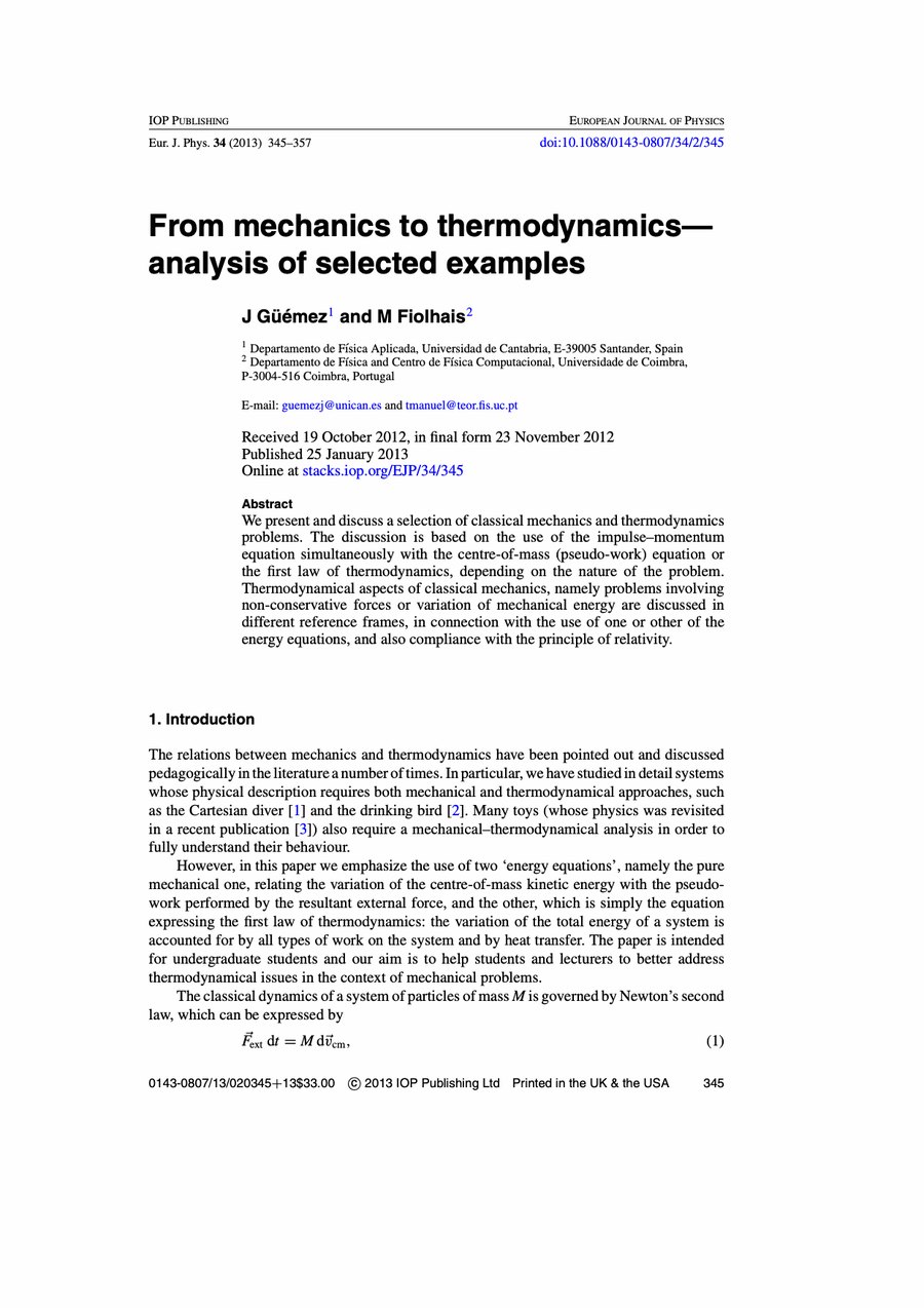 Primera página del artículo «From mechanics to thermodynamics—analysis of selected examples»