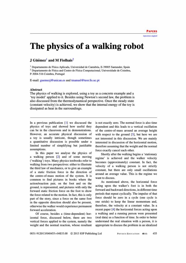Primera página del artículo «The physics of a walking robot»