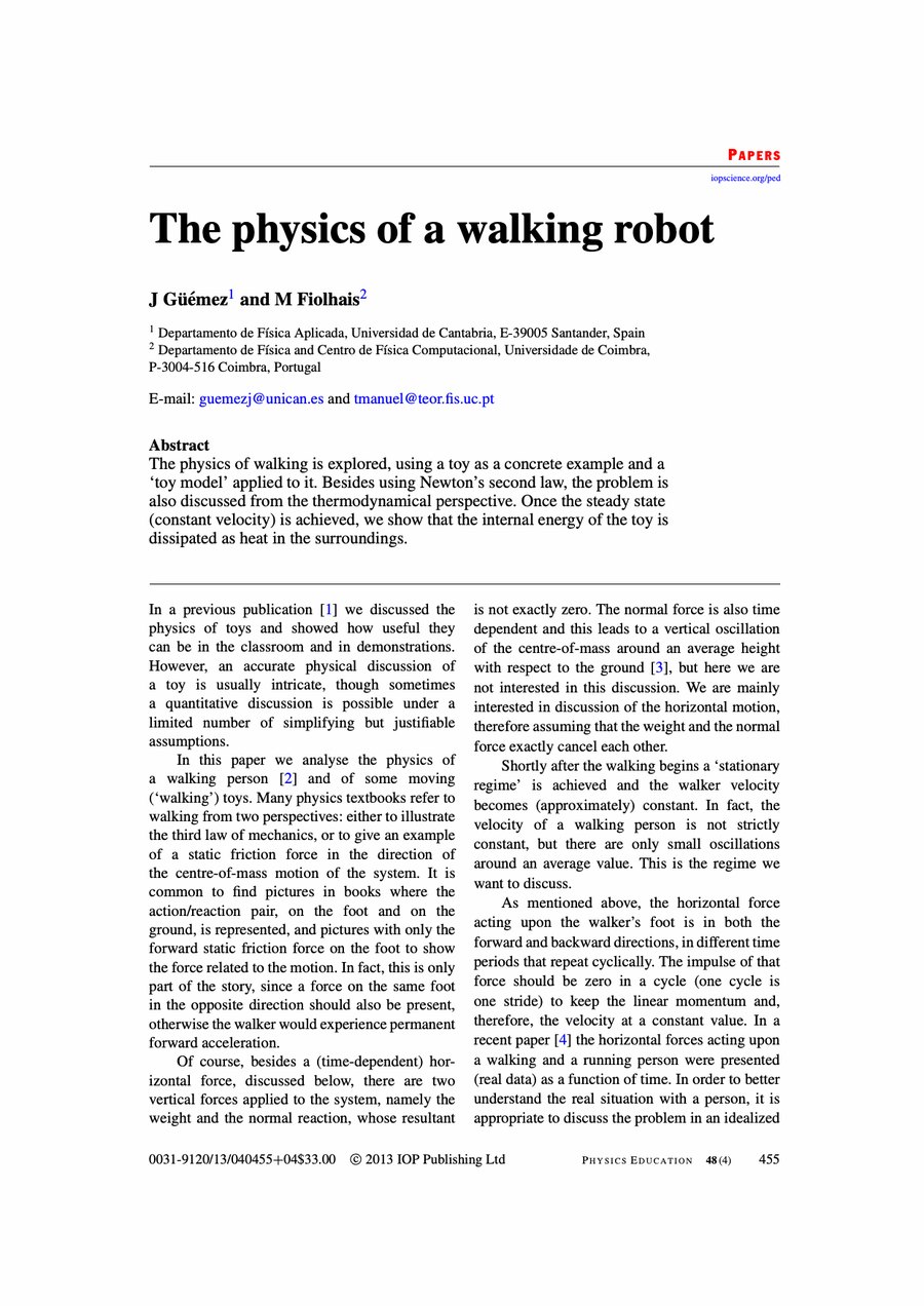 Primera página del artículo «The physics of a walking robot»