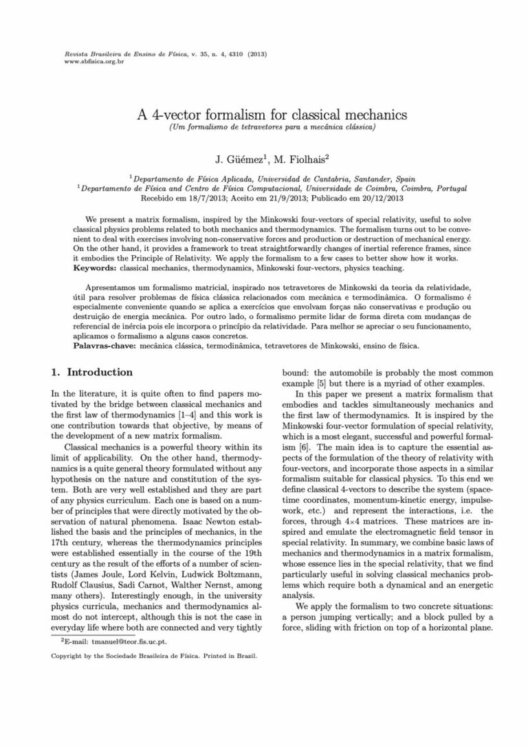 Primera página del artículo «A 4-vector formalism for classical mechanics»