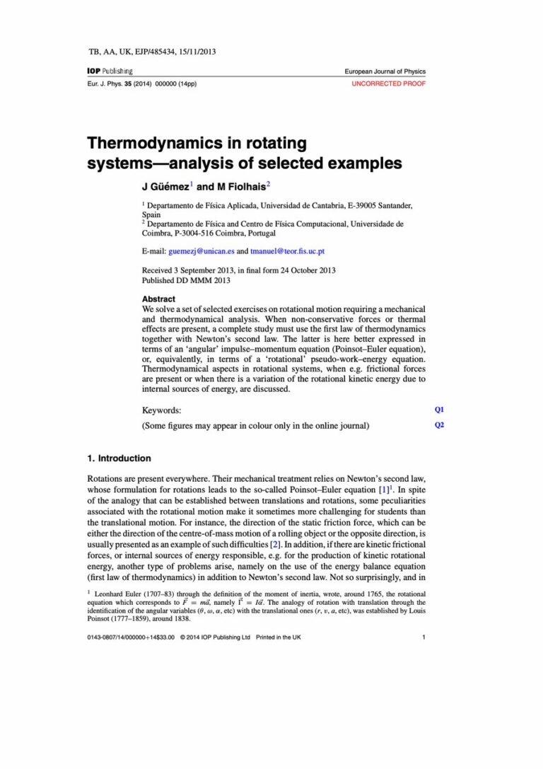 Primera página del artículo «Thermodynamics in rotating systems—analysis of selected examples»