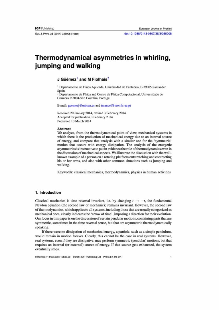 Primera página del artículo «Thermodynamical asymmetries in whirling, jumping and walking»