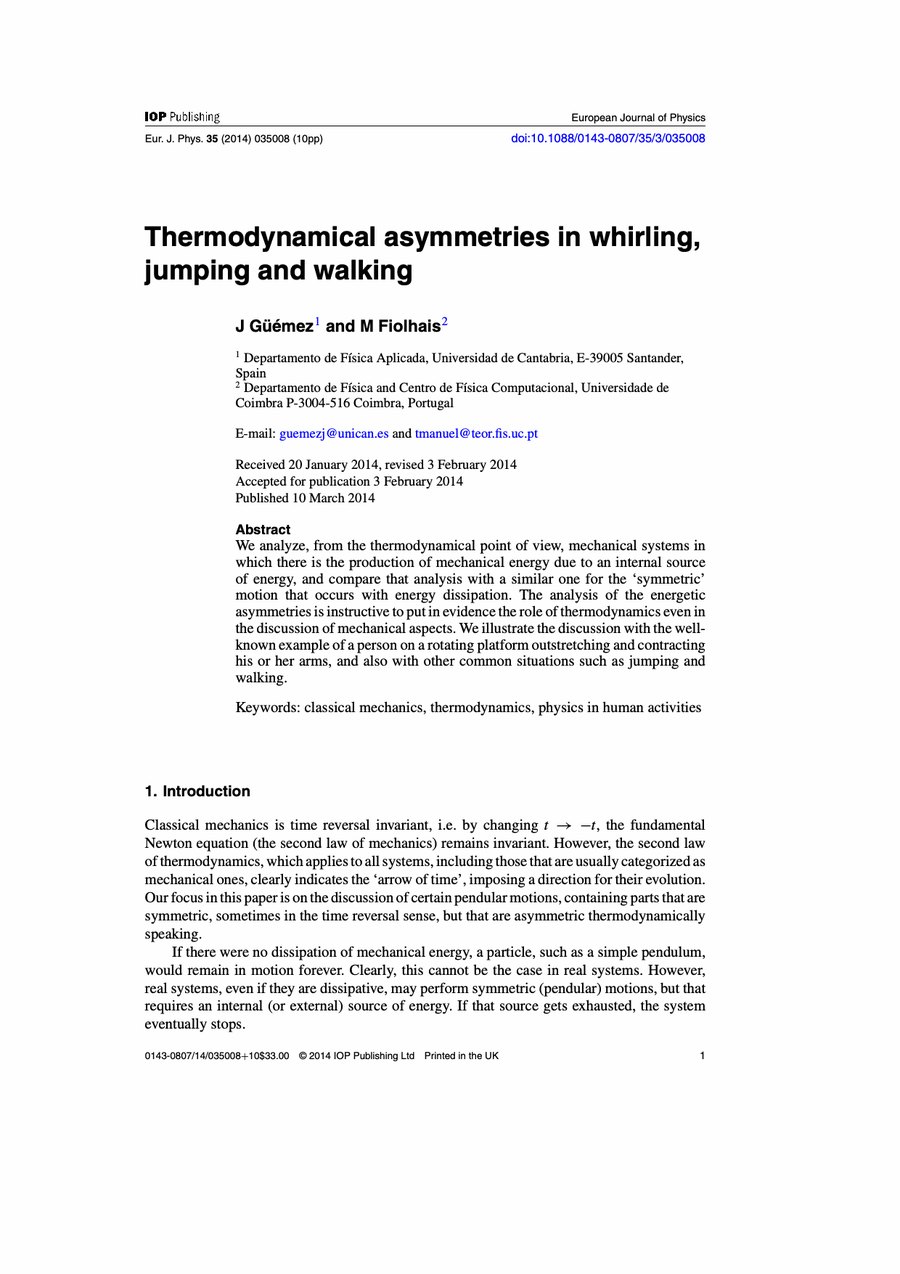 Primera página del artículo «Thermodynamical asymmetries in whirling, jumping and walking»