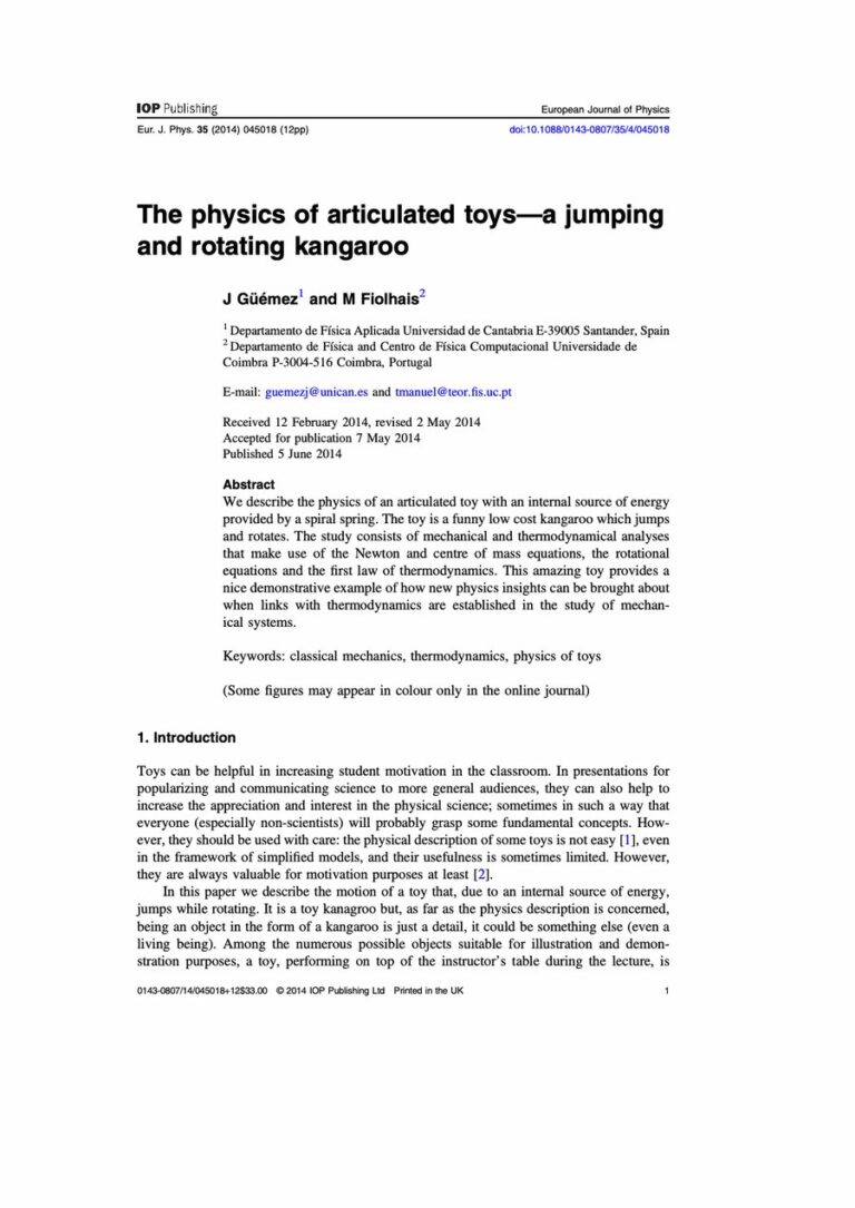 Primera página del artículo «The physics of articulated toys—a jumping and rotating kangaroo»
