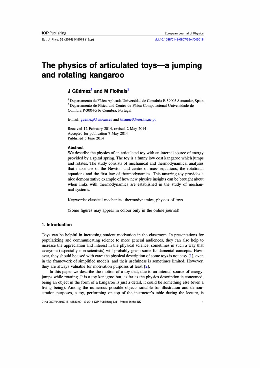 Primera página del artículo «The physics of articulated toys—a jumping and rotating kangaroo»