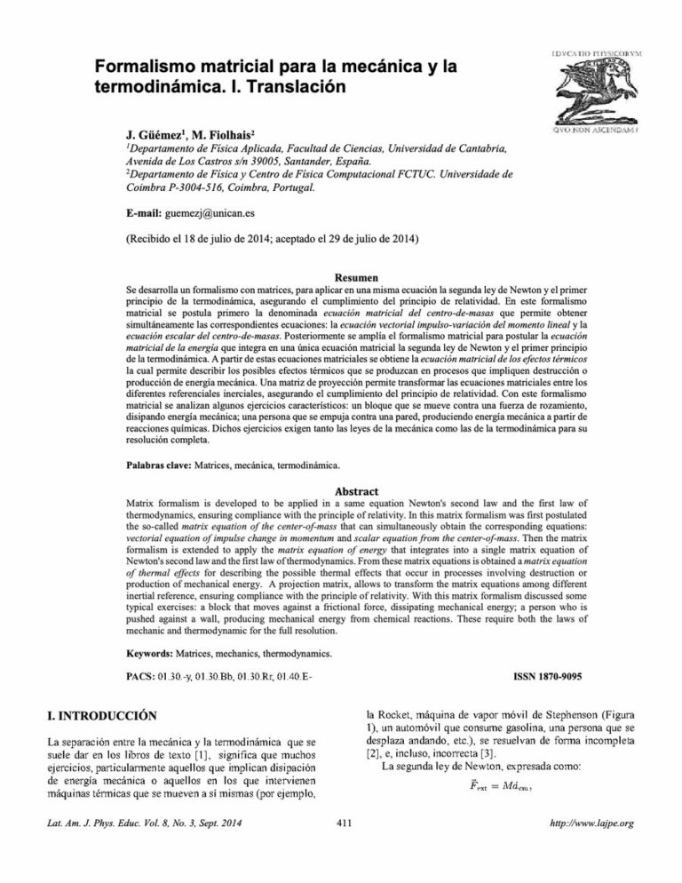Primera página del artículo «Formalismo matricial para la mecánica y la termodinámica. I. Traslación»