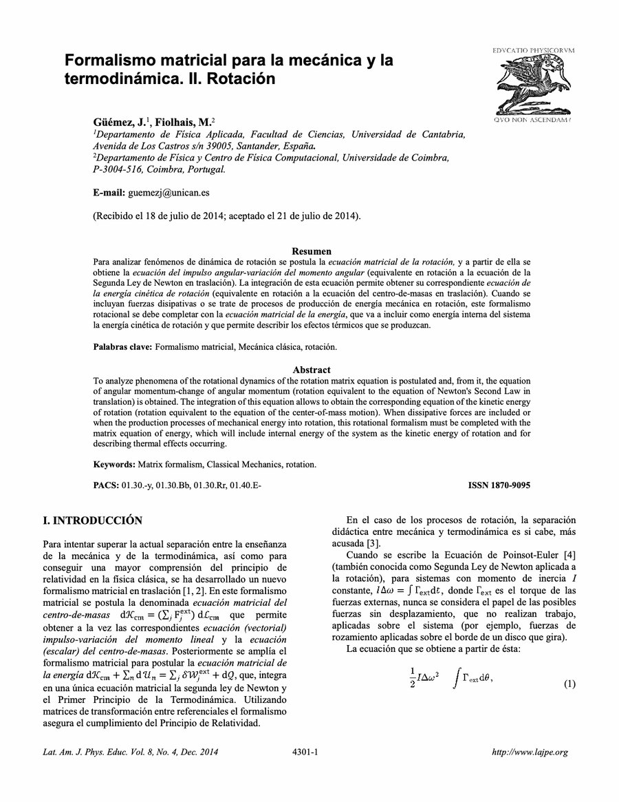 Primera página del artículo «Formalismo matricial para la mecánica y la termodinámica. II. Rotación»