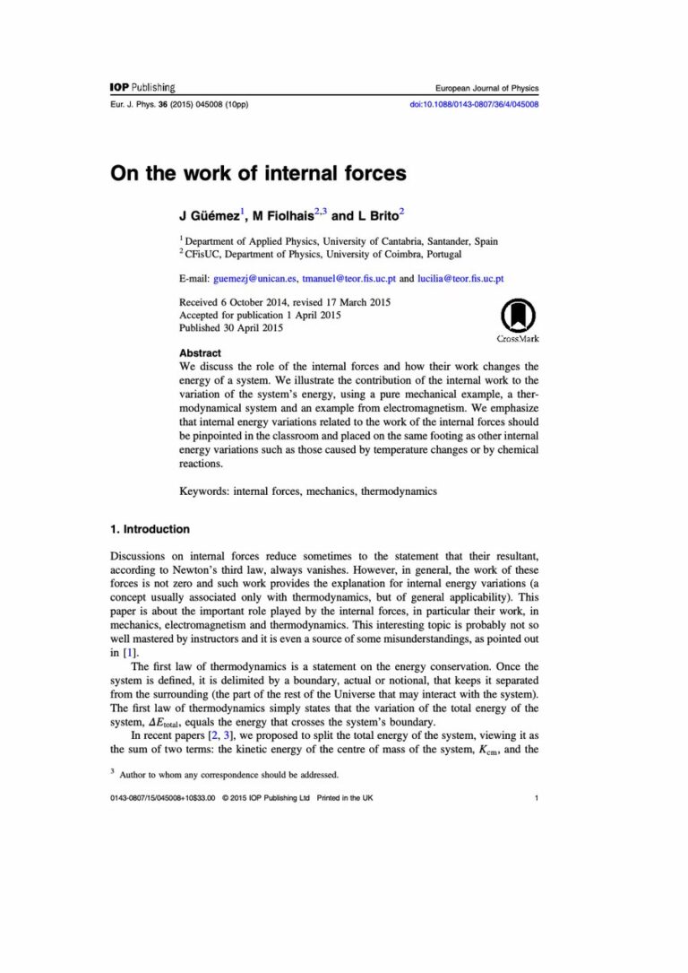Primera página del artículo «On the work of internal forces»