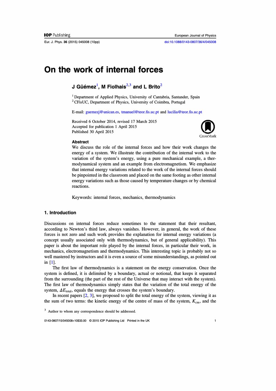 Primera página del artículo «On the work of internal forces»