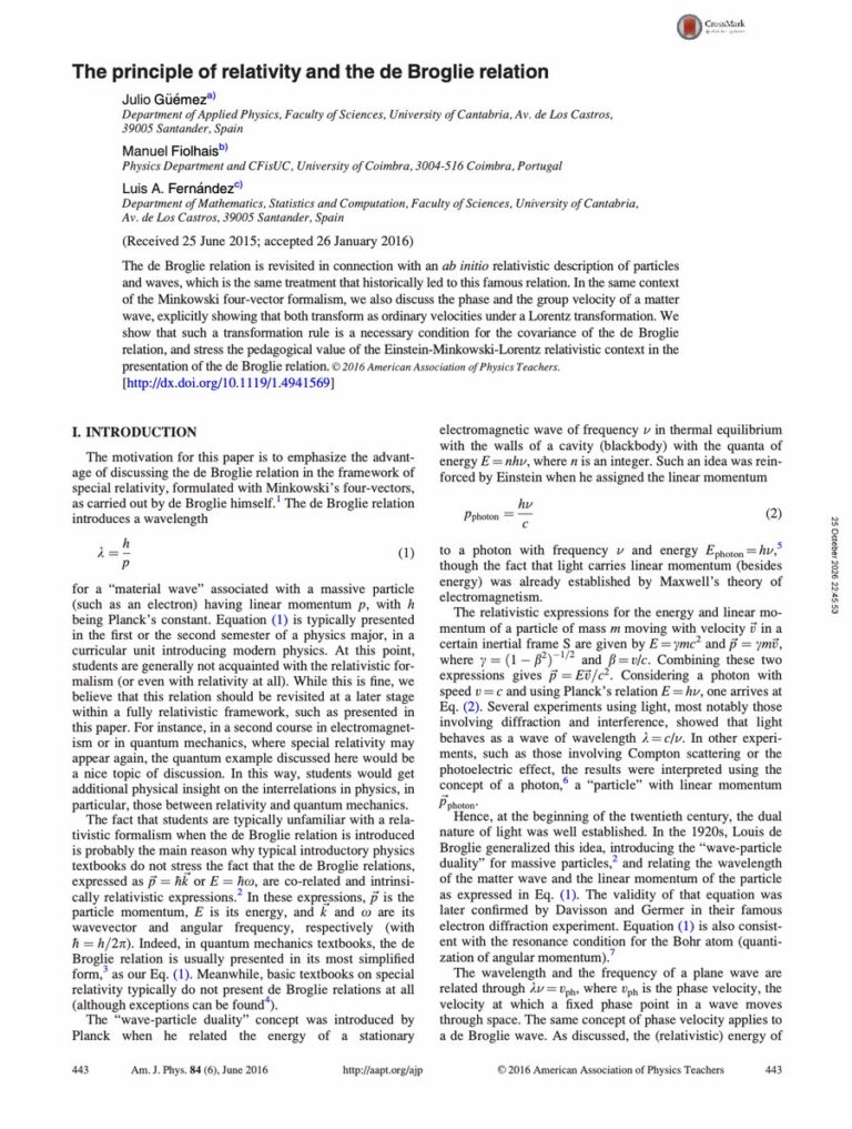 Primera página del artículo «The principle of relativity and the de Broglie relation»