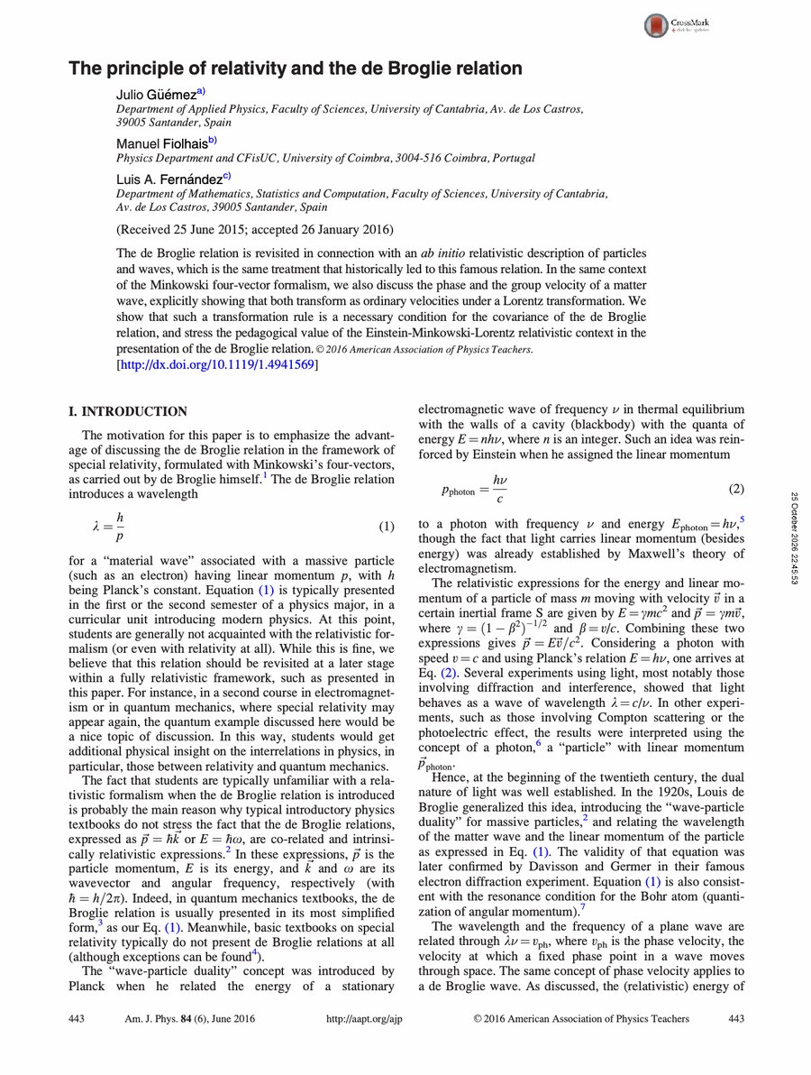 Primera página del artículo «The principle of relativity and the de Broglie relation»